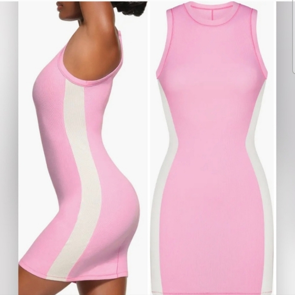 SKIMS Dresses & Skirts - SKIMS Bubblegum & Marble Ribbed Sleeveless Bodycon Mini Tank Dress Size Medium